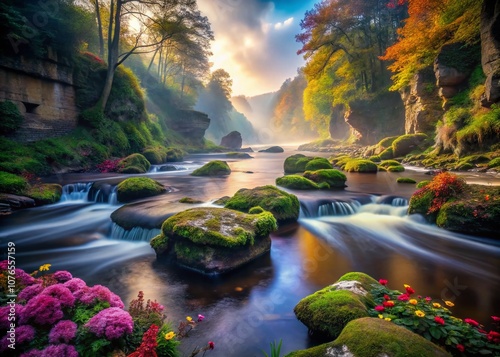 Surreal Strid River Scene: A Dreamlike Landscape with Flowing Water, Ethereal Mist, and Enchanted Nature, Blending Reality and Imagination in a Captivating Visual Experience