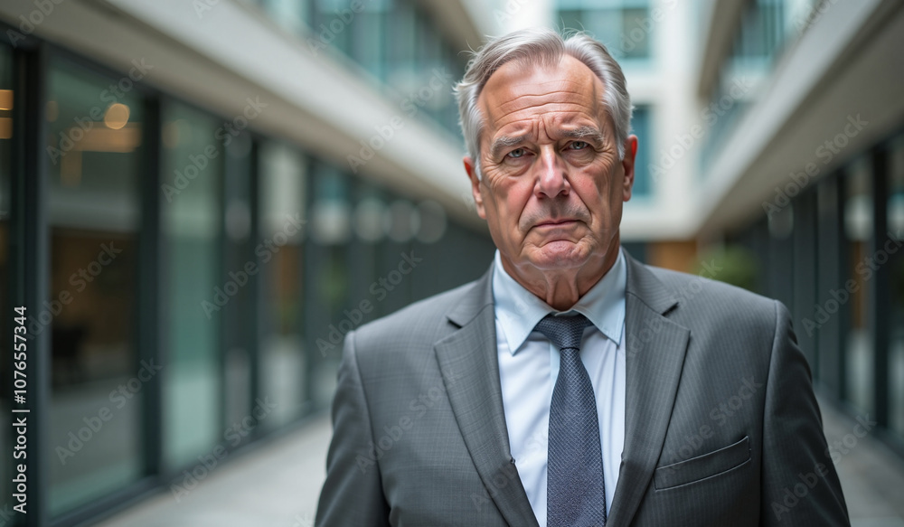 Senior businessman with serious expression standing in modern office corridor Senior businessman with serious expression standing in modern office corridor