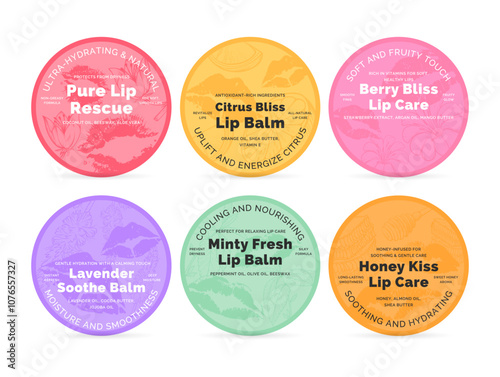 Lip balm circle label with engraved silhouette elements design template set vector illustration