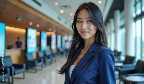 Confident Asian businesswoman smiling in modern office lobby