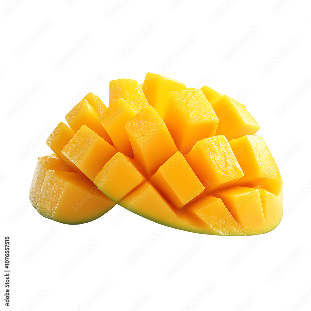 Ripe mango fruit sliced into cubes on a white background isolated on a transparent background. Ripe mango fruit sliced into cubes on a white background isolated on a transparent background.