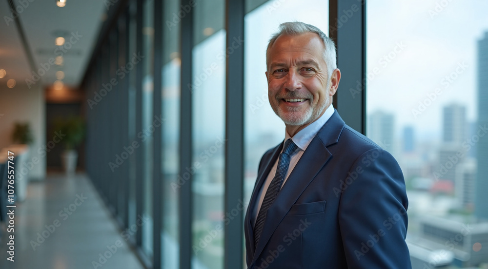 Confident Businessman Smiling Warmly in Modern Office Against City Skyline Confident Businessman Smiling Warmly in Modern Office Against City Skyline
