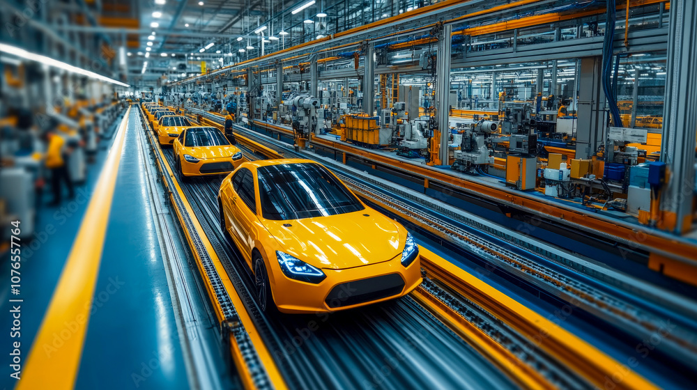 Workers in an industrial facility manufacture yellow cars on an assembly line, highlighting a bustling automotive production process Workers in an industrial facility manufacture yellow cars on an assembly line, highlighting a bustling automotive production process