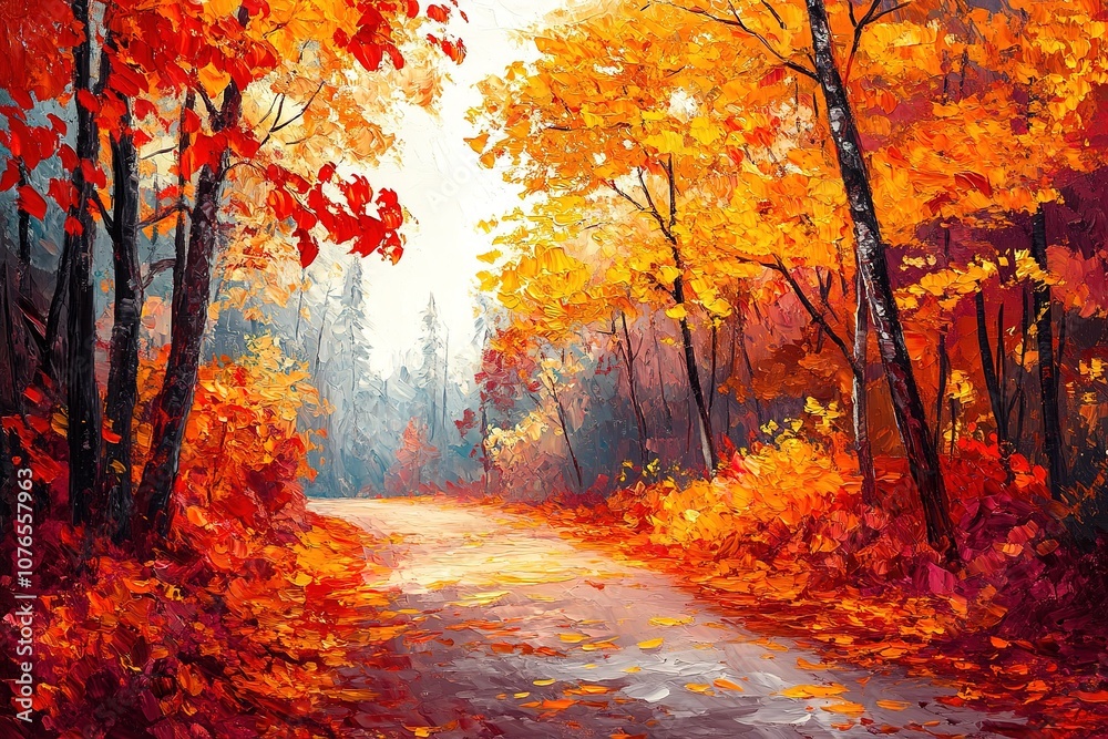 An oil painting of an autumn forest with trees displaying red, orange, and yellow leaves. A road is visible through the foliage An oil painting of an autumn forest with trees displaying red, orange, and yellow leaves. A road is visible through the foliage