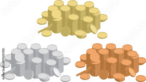 大量に積まれたコインの山（金貨・銀貨・銅貨）のベクターイラスト素材