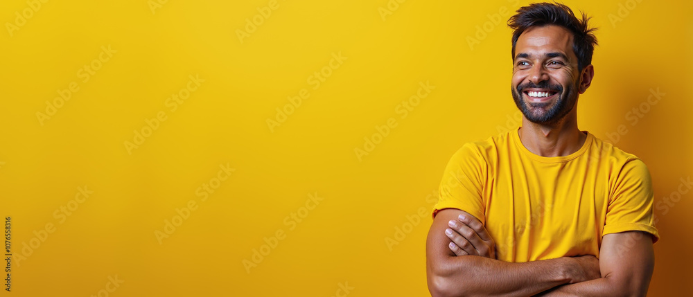 Cheerful man with beaming smile posing confidently against vibrant yellow background with copy space Cheerful man with beaming smile posing confidently against vibrant yellow background with copy space