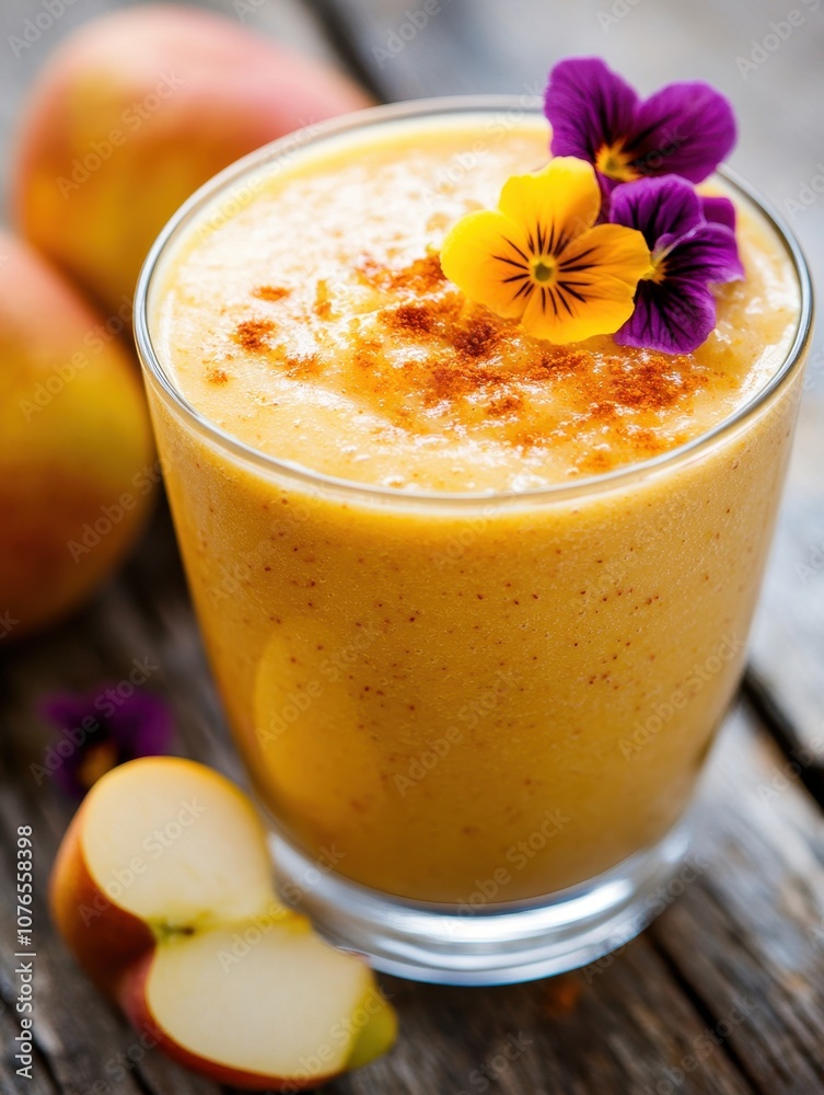 Refreshing Apple Smoothie with Vibrant Flowers and Cinnamon Garnish in a Clear Glass on a Rustic Wooden Surface Refreshing Apple Smoothie with Vibrant Flowers and Cinnamon Garnish in a Clear Glass on a Rustic Wooden Surface