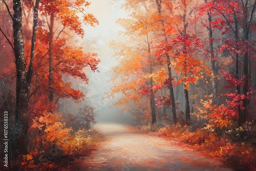 An oil painting of an autumn forest with trees displaying red, orange, and yellow leaves. A road is visible through the foliage