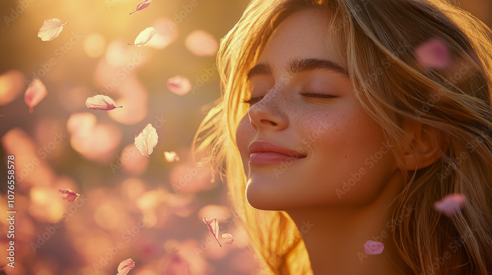 Fototapeta premium The woman smiles serenely with her eyes closed as delicate pink petals swirl around her, illuminated by the golden sunset glow