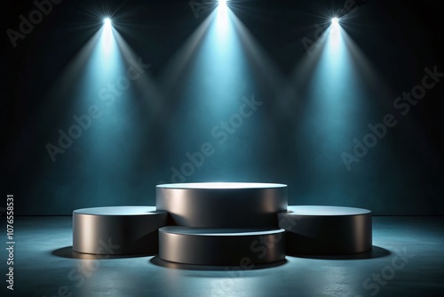 Three Elegant Podiums for Product Placement, Level Display, and Introduction in a Professional Setting with Dramatic Silhouette Effect