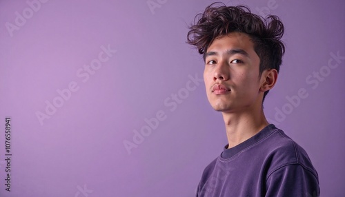 Young Asian man with confident expression posing against purple background with copy space