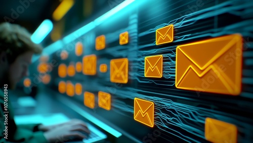 Digital Illustration of an Email Network with Orange Envelopes and Yellow People Icons