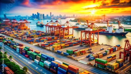 Tilt-Shift Photography of an Intercontinental Terminals Company with Miniature Cargo Ships, Containers, and Cranes in a Dynamic Port Environment