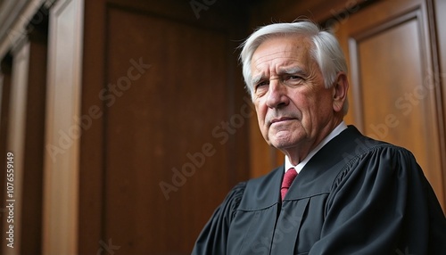 Serious Judge in Black Robe Contemplating Justice Against Wooden Background photo