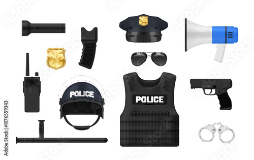 Police occupation professional equipment set realistic vector illustration