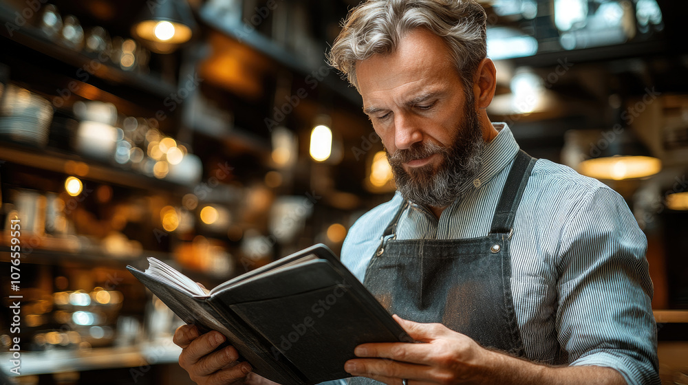 A man wearing an apron is deeply engrossed in reading a book in a charming café adorned with warm lighting and wooden elements