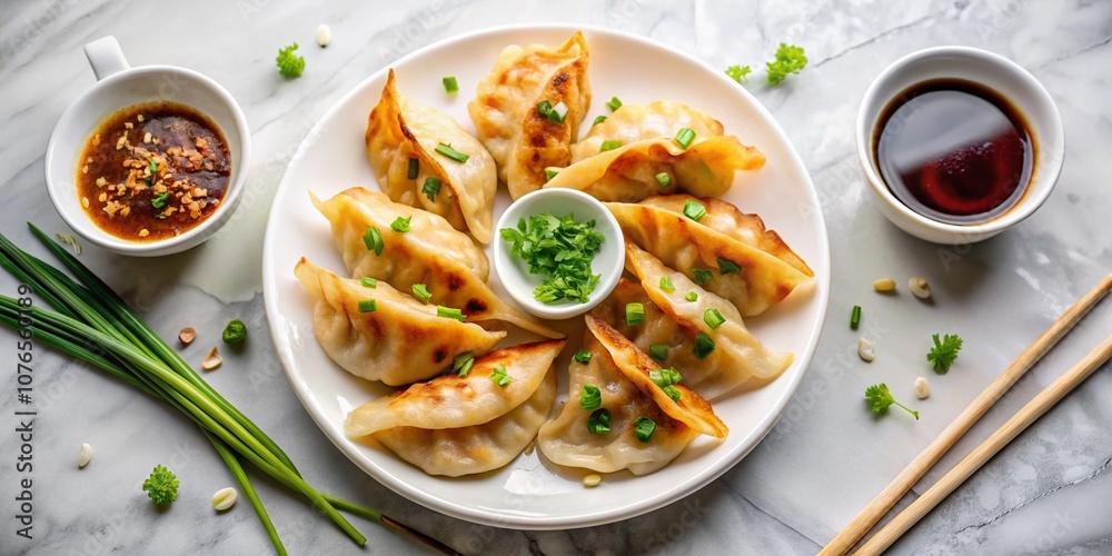 Traditional Japanese Fried Gyozas and Potstickers on White Ceramic Plate with Soy Onion Sauce, Perfect for Asian Dinner Over Elegant White Marble Table - Top View Close Up Traditional Japanese Fried Gyozas and Potstickers on White Ceramic Plate with Soy Onion Sauce, Perfect for Asian Dinner Over Elegant White Marble Table - Top View Close Up