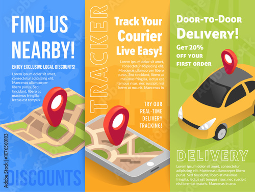 Delivery tracking service social media stories design template set isometric vector illustration