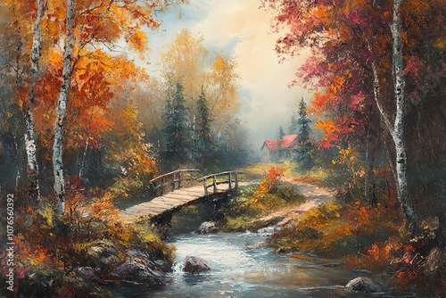 A small bridge over the stream, autumn trees in full bloom on both sides of the river, misty rain falling, a house by the water's edge,  photo