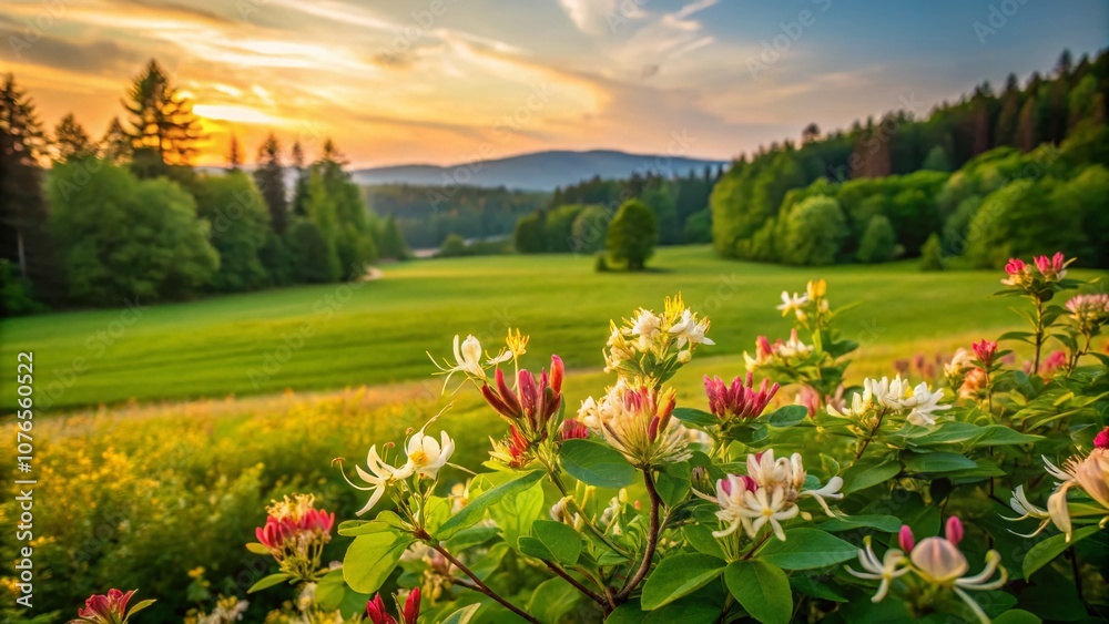 Fototapeta premium Tranquil Evening Light on Flowering Honeysuckle Bushes in a Lush Green Meadow with a Forest Backdrop Captured in Smooth Vertical Panning Technique