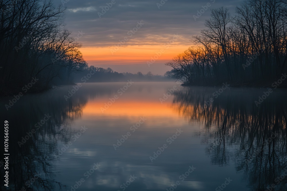The sunrise over the Black Creek River in muted colors, a grey sky, a foggy background The sunrise over the Black Creek River in muted colors, a grey sky, a foggy background