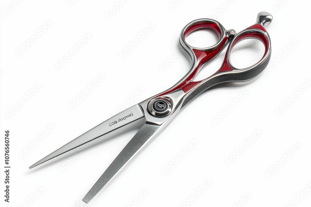 Red and silver professional barber scissors. Red and silver professional barber scissors.