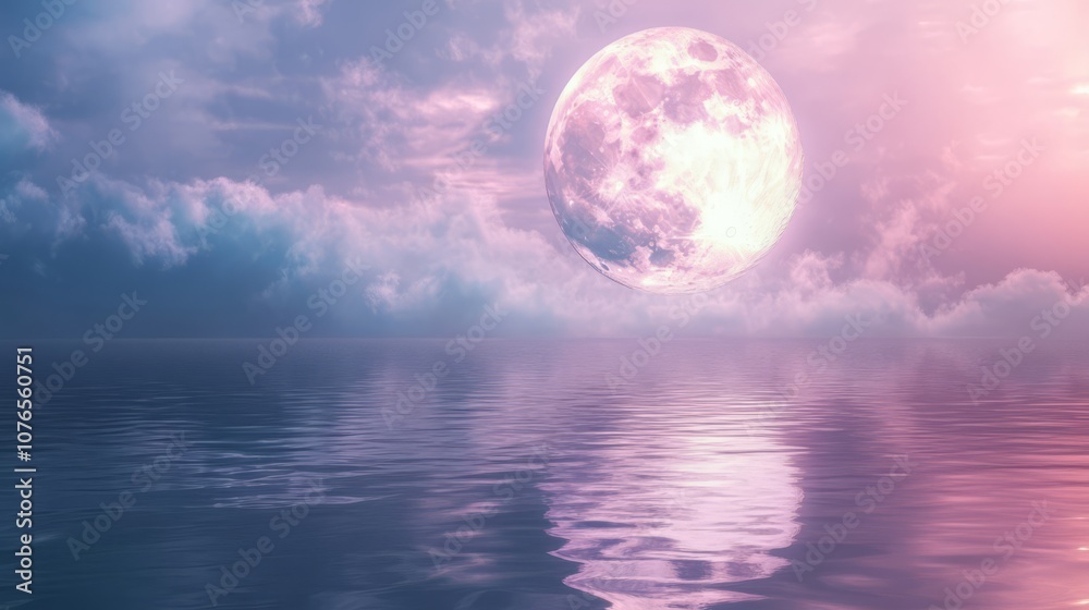 A large, pink moon hangs low in the sky over a calm ocean, reflected in the water. A large, pink moon hangs low in the sky over a calm ocean, reflected in the water.