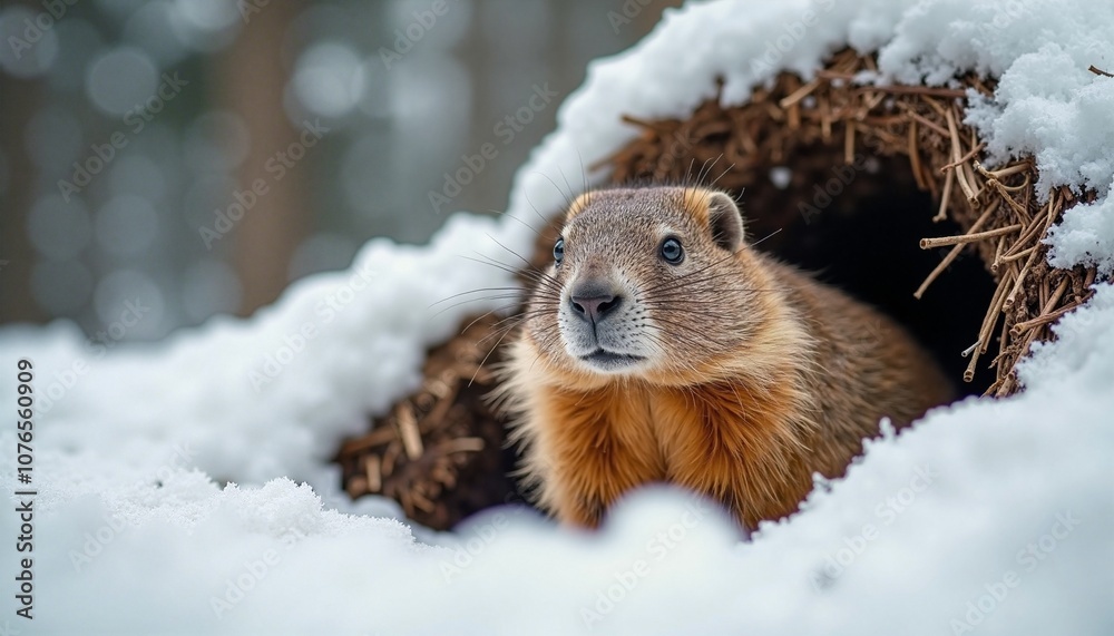 Curious Groundhog Peeking from Snowy Den in Winter Forest Curious Groundhog Peeking from Snowy Den in Winter Forest