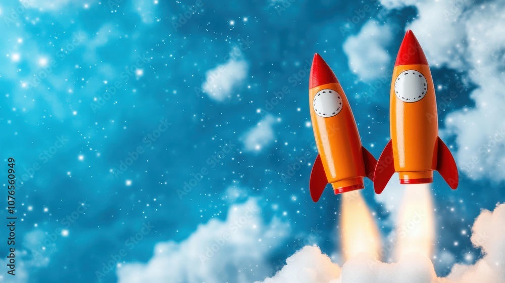 Retro rocket ships launch into a starry sky against a bright blue background, symbolizing adventure, exploration, and the excitement of space travel for all ages. Retro rocket ships launch into a starry sky against a bright blue background, symbolizing adventure, exploration, and the excitement of space travel for all ages.