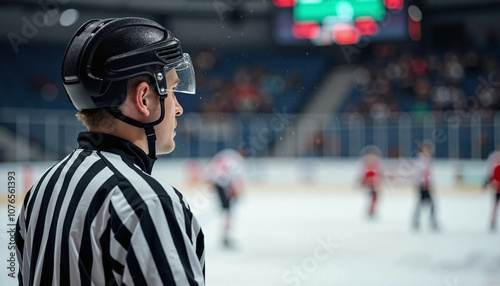 Hockey Referee with Focused Expression Overseeing Ice Rink Match