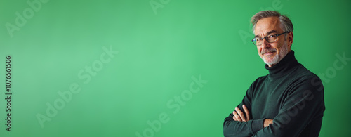 Mature man with confident smile posing against green background with copy space