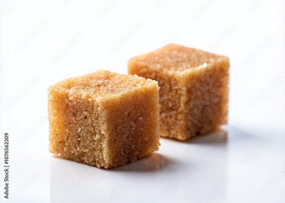 Two Brown Cane Sugar Cubes Isolated on White Background with Ample Copy Space for Product Display and Creative Use in Food and Beverage Photography Two Brown Cane Sugar Cubes Isolated on White Background with Ample Copy Space for Product Display and Creative Use in Food and Beverage Photography