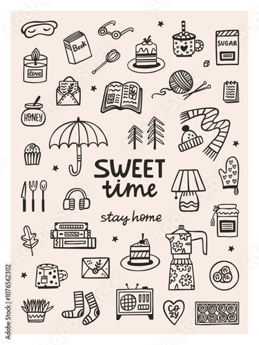 Sweet time hygge cozy graphic poster 3x4. Hand drawn vector set of cozy time illustrations. Interior, books, comfy clothes, cake, tea, hot drink, plant and lettering quotes.