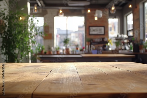 Wooden table in cozy cafe setting, product placement