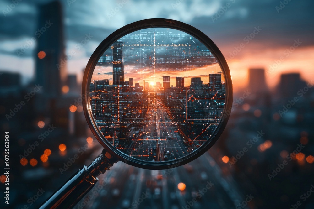 A cityscape seen through the lens of an AI-inspired magnifying glass. The scene is overlaid with data visualizations and graphs, against a blurred skyline at sunset. A cityscape seen through the lens of an AI-inspired magnifying glass. The scene is overlaid with data visualizations and graphs, against a blurred skyline at sunset.