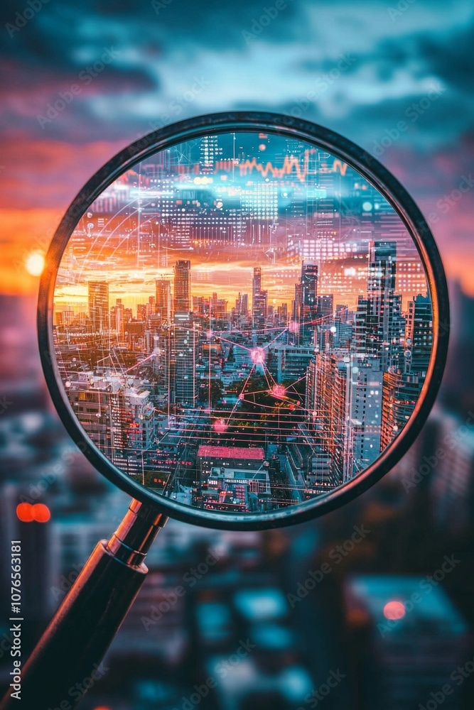 A cityscape seen through the lens of an AI-inspired magnifying glass. The scene is overlaid with data visualizations and graphs, against a blurred skyline at sunset. A cityscape seen through the lens of an AI-inspired magnifying glass. The scene is overlaid with data visualizations and graphs, against a blurred skyline at sunset.