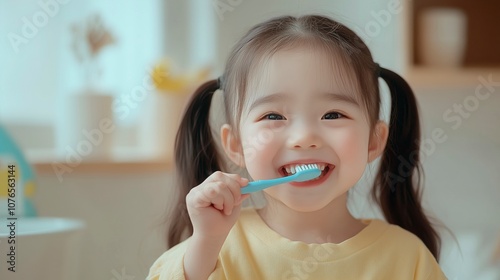 Young child brushing teeth with blue toothbrush in bright bathroom, teeth brushing routine image with copy space, children oral hygiene image