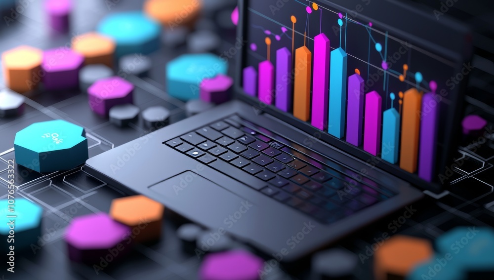 3D Isometric Illustration of a Laptop Surrounded by Data Visualizations and Colorful Graphs 3D Isometric Illustration of a Laptop Surrounded by Data Visualizations and Colorful Graphs