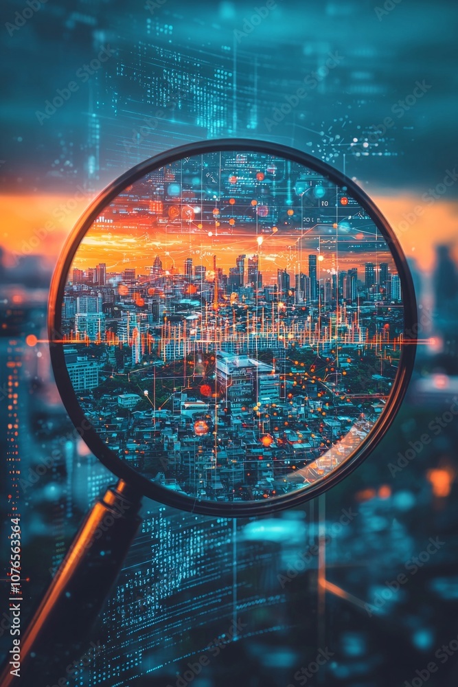 A cityscape seen through the lens of an AI-inspired magnifying glass. The scene is overlaid with data visualizations and graphs, against a blurred skyline at sunset. A cityscape seen through the lens of an AI-inspired magnifying glass. The scene is overlaid with data visualizations and graphs, against a blurred skyline at sunset.