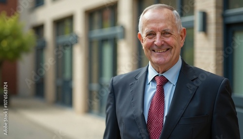 Senior businessman with cheerful smile standing outside office building