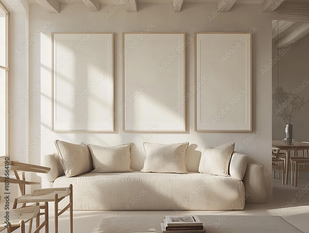Fototapeta premium Three large, thick, white wooden photo frames mockup hanging on the wall in a living room with neutral tones, creating a cozy and warm atmosphere. The room features wooden furniture