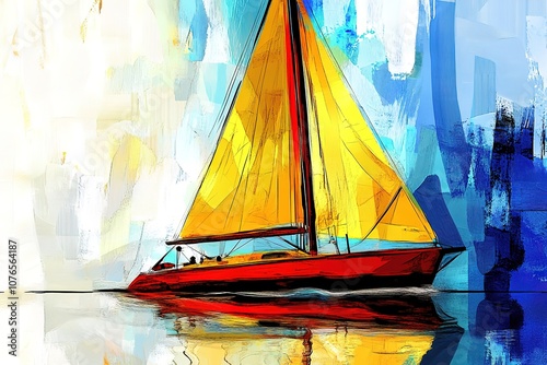 Abstract digital painting of a modern racing sailboat with black, white, and yellow sails on the right side of the canvas