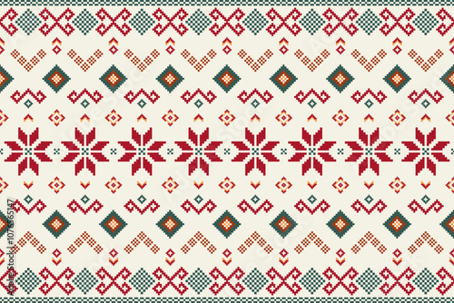 Pixel seamless pattern of a traditional Scandinavian Christmas pattern featuring red snowflakes on a white background.