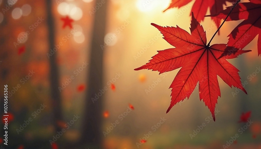 Fototapeta premium Vibrant Red Maple Leaf in Warm Autumn Forest with Soft Bokeh Background