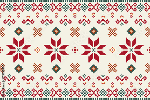 Pixel seamless pattern of a traditional Scandinavian Christmas pattern featuring red snowflakes on a white background.