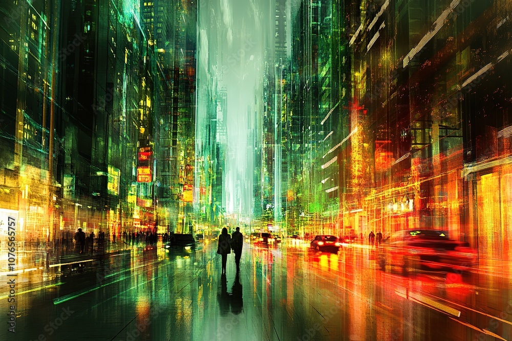 Naklejka premium A cityscape made of light and wireframe, a layered exposure technique, in shades of green, yellow, and red