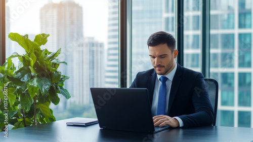 confident business man in modern office intensely focused on his laptop, surrounded by large windows and cityscape view, creating professional atmosphere.