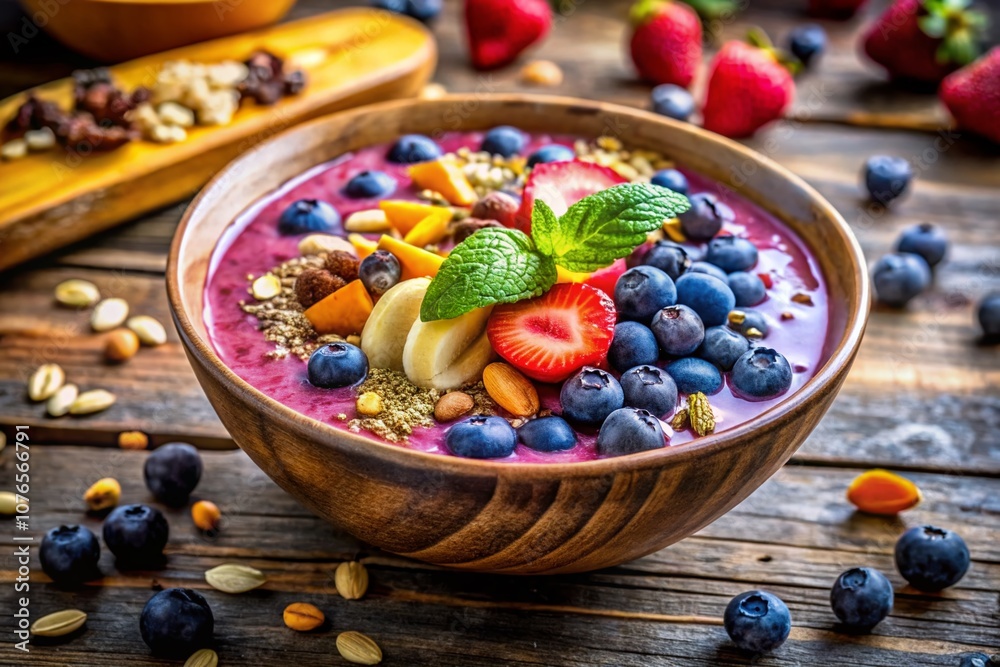 Vibrant and Colorful Smoothie Bowl with Blueberries, Nuts, and Seeds - A Brain-Boosting Breakfast for a Healthy Lifestyle Vibrant and Colorful Smoothie Bowl with Blueberries, Nuts, and Seeds - A Brain-Boosting Breakfast for a Healthy Lifestyle
