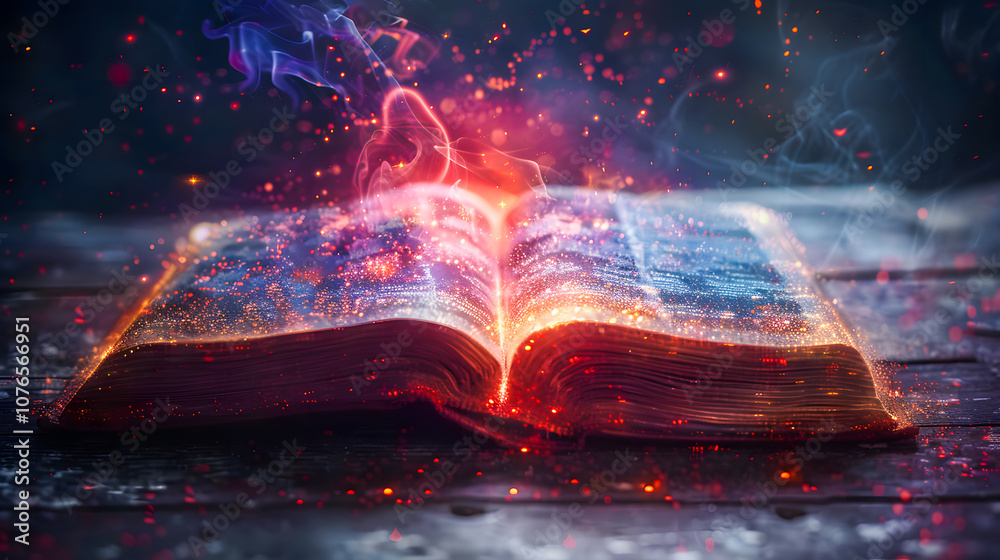 Obraz premium Mystery open book with shining pages. Fantasy book with magic light sparkles 