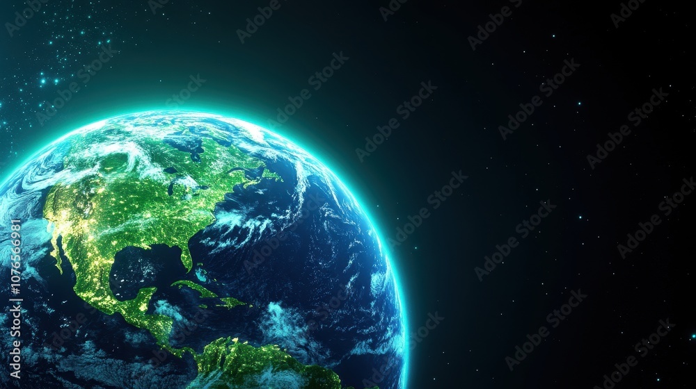 Fototapeta premium Stunning View of Earth from Space with Bright Blue Oceans, Lush Green Continents, and a Dark Starry Background Highlighting Planetary Beauty and Structure